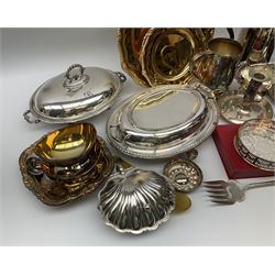 A group of mostly silver plate, to include two Walker & Hall entrée dishes, two chamber sticks, tankards, sauce boat, sifter, coaster, cruets, assorted flatware, etc. 