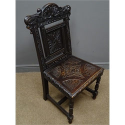  19th century oak hall chair, heavily carved, turned supports, 'C.Pratt & Sons Bradford'  
