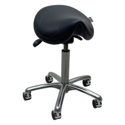 Score - contemporary 'Amazone' saddle stool, upholstered in black leatherette with adjustable height and tilt mechanism, raised on chrome spoke base fitted with castors