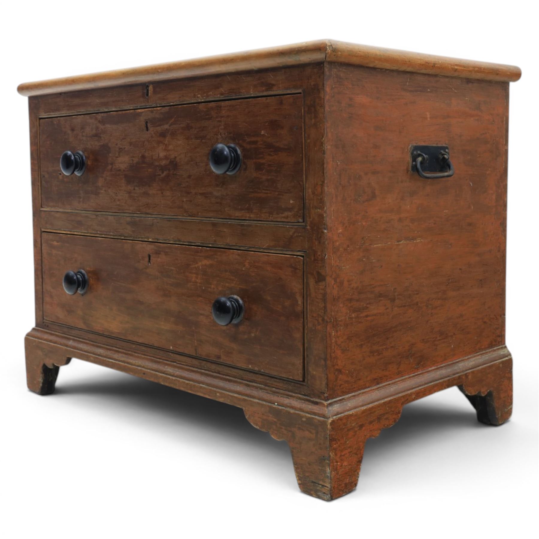 Victorian stained pine converted chest, fitted with two drawers, twin carrying handles, raised on bracket feet