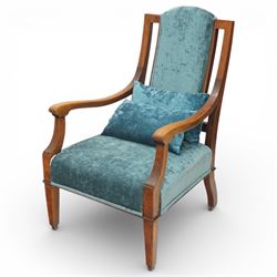 Arts & Crafts mahogany framed armchair, shaped rectangular back with open uprights, padded...