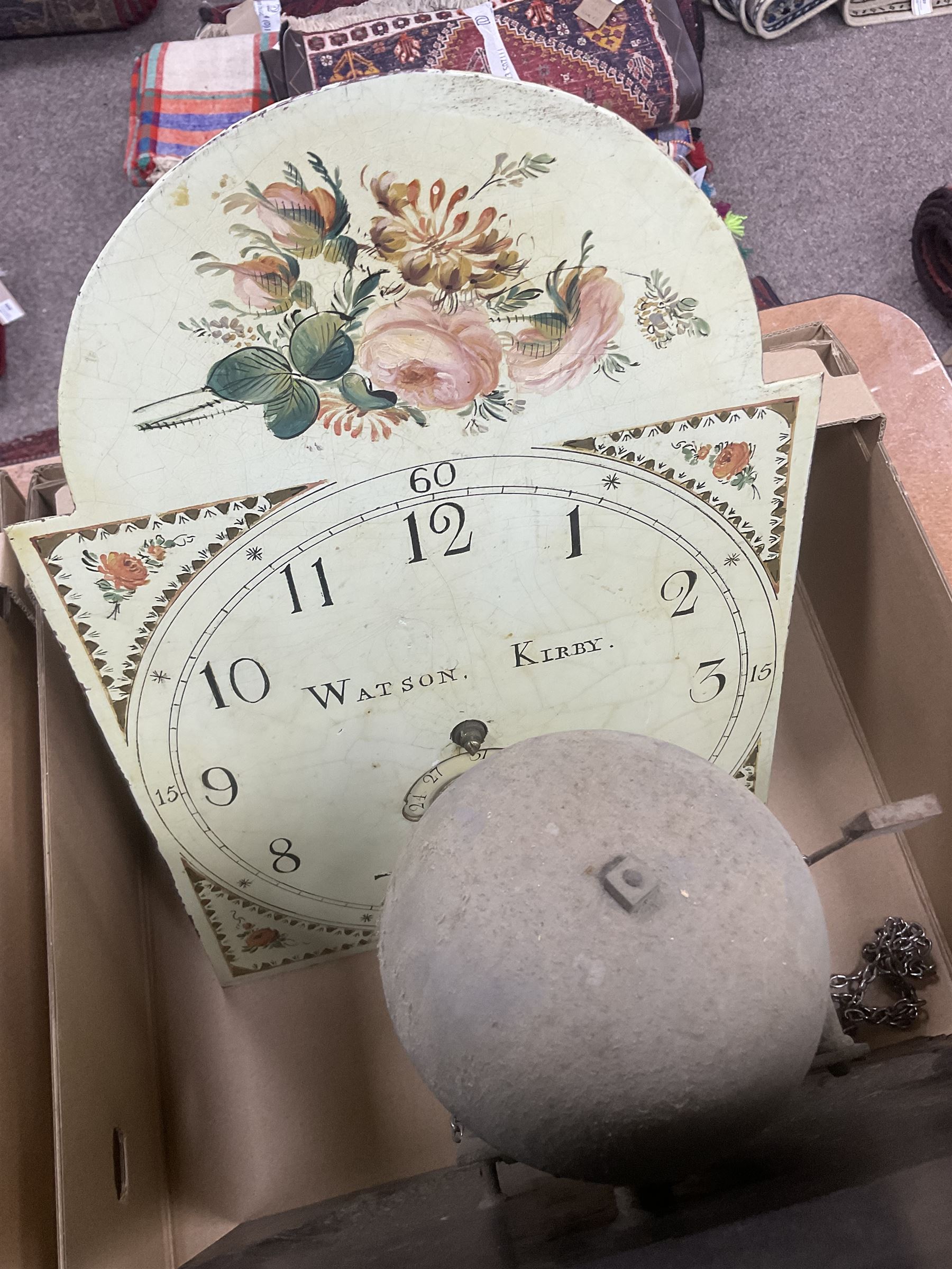 Six 19th century longcase clock movements, including brass dial by William Clark of Kendal, painted dial by Bartliff of Malton, etc