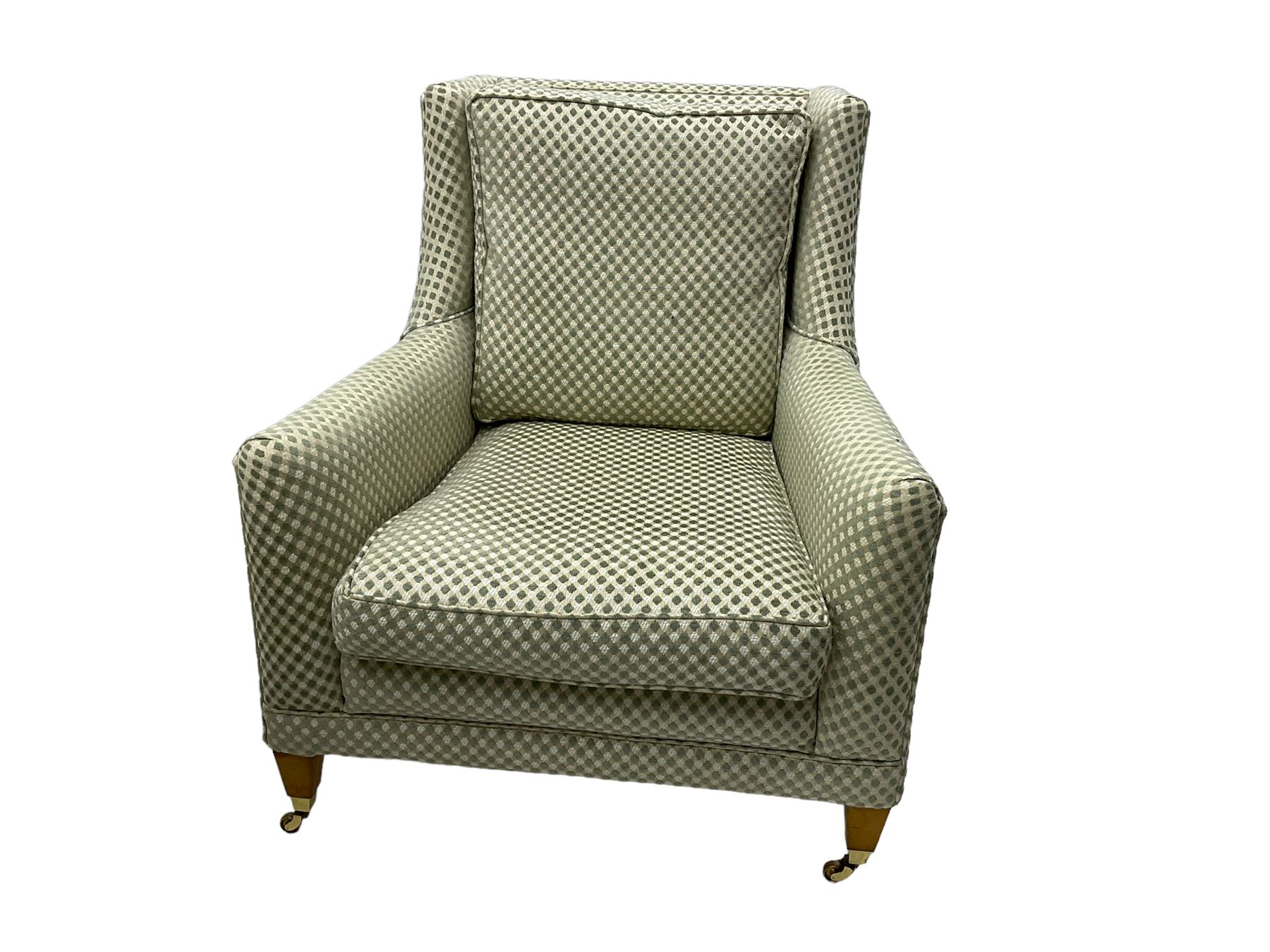 Three-piece hardwood-framed lounge suite - large two-seat Knole sofa with drop ends, upholstered in patterned fabric decorated with urns and foliage (W190cm, D117cm, H88cm); armchair upholstered in contrasting geometric pattern fabric (W83cm, D102cm, H93cm); and another armchair (W82cm, D102cm, H92cm) (3)