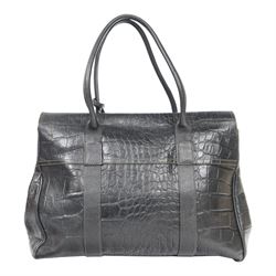 Mulberry Bayswater handbag, black mock crocodile-embossed leather with rolled leather top handles and brass hardware, the front secured by an oval Postman’s Lock stamped with the Mulberry tree motif, the interior lined in tan suede with zip pocket and slip compartments, leather brand tab stamped Mulberry, together with original Mulberry dust bag, W36cm D16cm H26cm