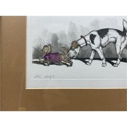 Arthur 'Boris' Klein (French 1893-1985): The Dirty Dogs of Paris, set of four etchings with hand colouring, titled respectively and signed in pencil 16cm x 45cm (4)