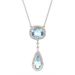 18ct white gold milgrain set pear and cushion cut blue topaz and round brilliant cut diamo...
