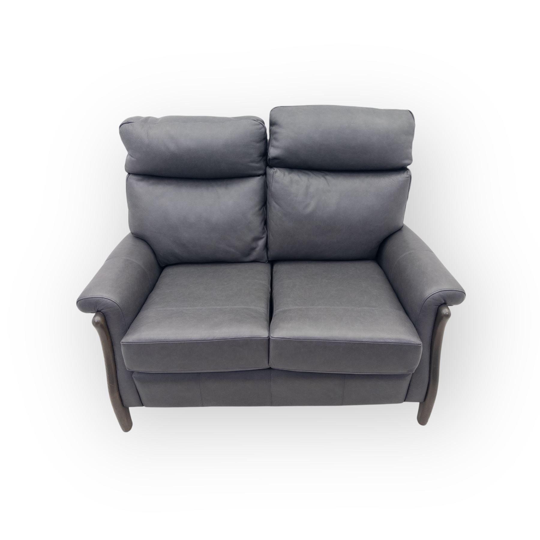 Rogers of York - two seat sofa, upholstered in grey leather with padded back and seat cushions, raised on stained beech supports