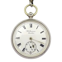 Edwardian silver open face key wound lever 'Ludgate' pocket watch by J.W.Benson, London, No. 109402, white enamel dial with Roman numerals and subsidereary seconds dial, London 1906, on Victorian graduating silver Albert chain, each link hallmarked