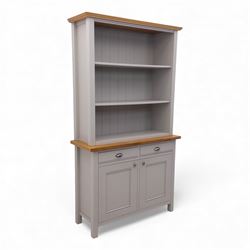 Contemporary grey painted dresser, the upper section with two adjustable shelves and plank...
