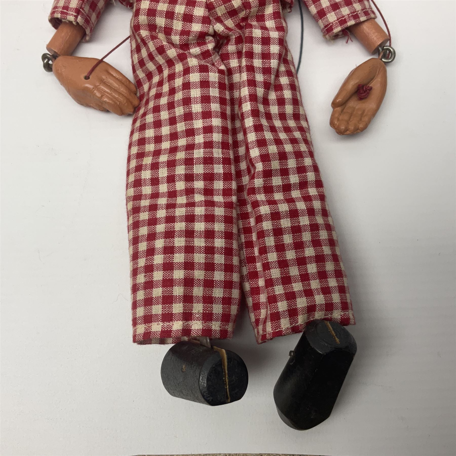 Pelham Puppet - a rare type SM Harlequin circa 1950s with painted black face mask, black felt hat, green ruff and red white chequered suit, H31cm; in original box with instructions 