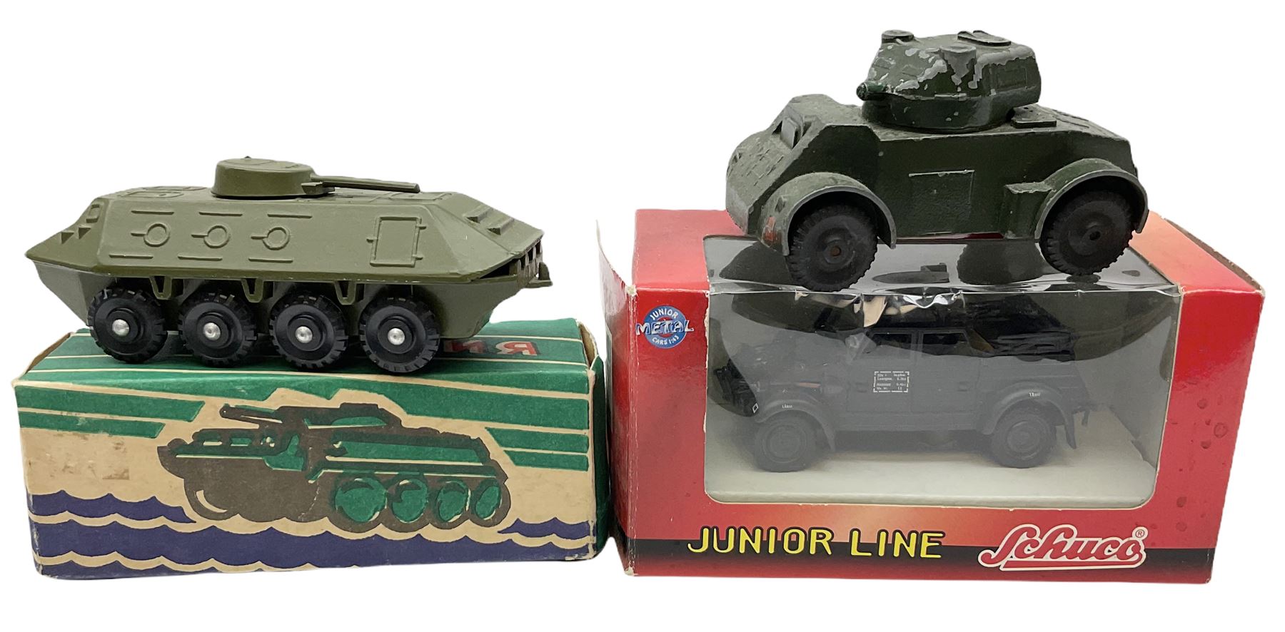 Various Makers - military vehicles comprising Schuco Kubelwagen and two Russian tanks, all boxed; and quantity of unboxed and playworn models including five Crescent Field Guns and Ammunition Limbers, Crescent Heavy Rescue Crane, Johilco Mobile Searchlight, Britains German Army BMW Combination, two Skybirds trucks etc; and a tin-plate armoured car.