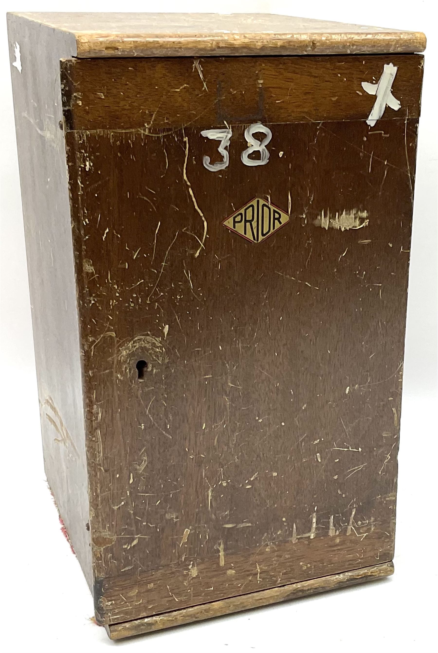 Black finished monocular microscope by Prior London No. 17372,  with pitchfork base and rack and pinion focusing, in original fitted wooden case with additional lenses, H32cm, together with Watts dumpy level, no. 116249, in a leather case