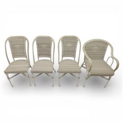 Kok Maison - 20th century French wicker chairs, set of eight including two carvers, with arched woven backs and seats in close cane weave, the frames painted cream, the arms with wrapped wicker detail, raised on turned supports united by cross shaped stretchers