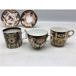Collection of Royal Crown Derby Imari pattern tea and coffee wares, to include no 1128 teacup and saucer, no 2451 teacup trio, no 8540 teacup and saucer,  pair of no 2451 coffee cans and saucers, no 7760 teacup and saucer, etc, all with painted or printed marks beneath, date cyphers for early 19th century and later (18)