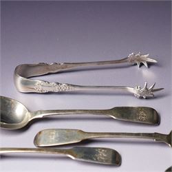 Set of six George IV silver fiddle pattern tea spoons London 1827 engraved with initials and a pair of later sugar tongs