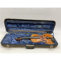 French Mirecourt violin c1920s with 36cm one-piece maple back and ribs and spruce top, labelled Jermone Thibouville-Lamy, L59cm, in fitted carrying case with German bow and 1984 valuation certificate by Frome Valley Music