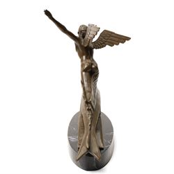 After Frédéric Charles Focht (French 1879-1937): L'aviation, contemporary bronze bearing signature and foundry mark, on marble base, overall H31cm