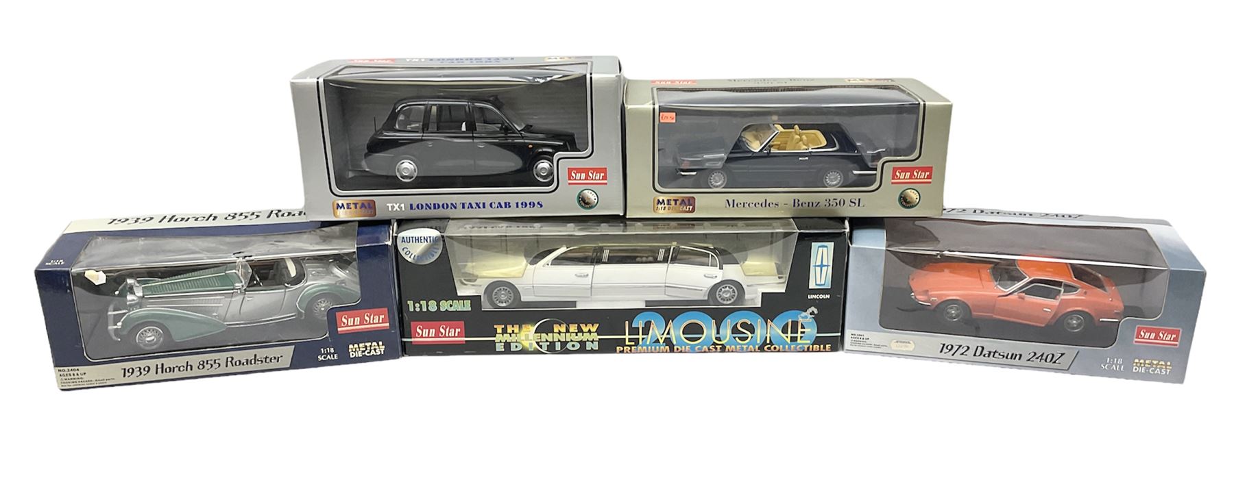 Sun Star - five 1:18 scale die-cast models comprising Ford Lincoln 2000 Limousine Millenium Edition; TX1 London Taxi Cab 1998; 1972 Datsun 240Z; 1939 Horch 855 Roadster; and Mercedes-Benz 350 SL; all boxed (5)