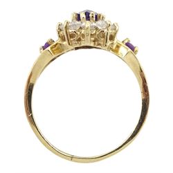 9ct gold purple and clear stone set cluster ring, hallmarked
