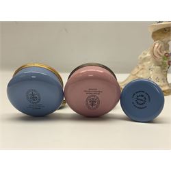 Five Royal Doulton Beatrix Potter figures, comprising Poppy Eyebright, Clover, Lord Woodmouse, Mr Apple and Dusty Dogwood, together with Beswick Appley Dapply figure and three Crummles Beatrix Potter enamel pill boxes