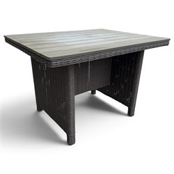 Kettler - Palma rattan garden lounge suite, comprising modular corner sofa (DIM) with slatted and rattan garden table on end supports (DIM), and three stools (DIM), with loose seat cushions