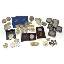 Mostly Great British coins including King George V 1935 crown, two 1951 Festival of Britain crowns each in maroon box, three Queen Elizabeth II five pound coins, four 1986 two pound coins and one 1989 two pound coin, various commemorative crowns etc