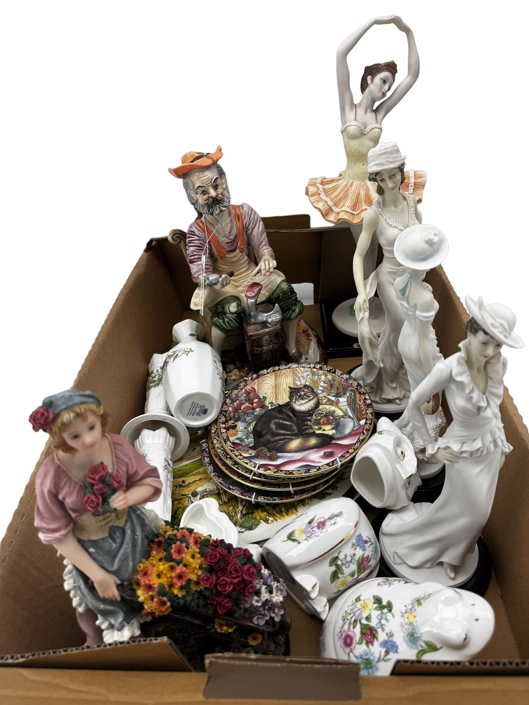 Five ‘The Juliana Collection’ figures, Capodimonte figure of a cobbler, four decorative cat plates, another decorative plates and Aynsley china