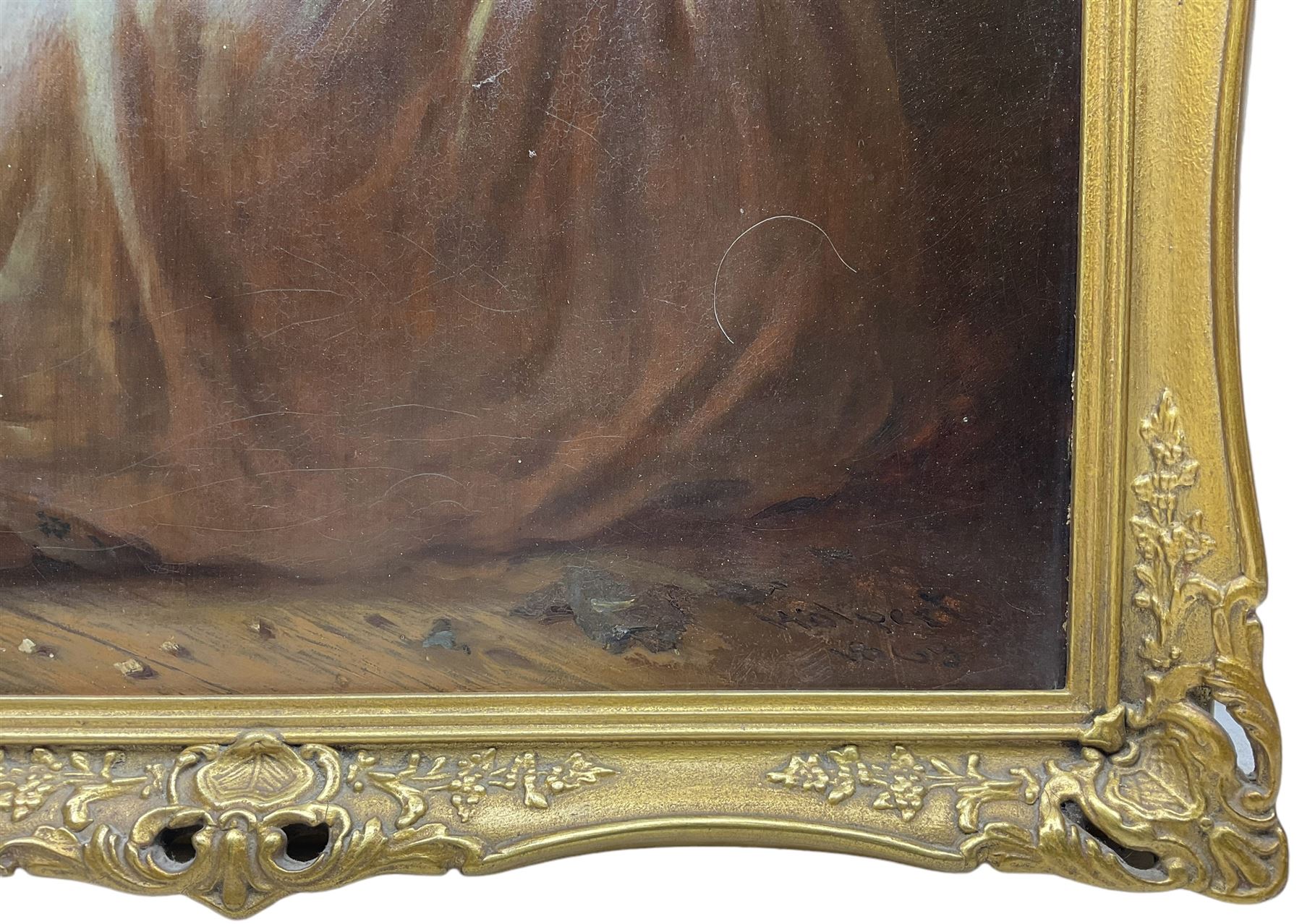 Anton Hölperl (Czech/Austrian 1820-1888): Girls Spinning, Embroidering and Grinding Coffee in Traditional Gowns, set three oils on canvas signed and dated 1863, 57cm x 43cm (3)