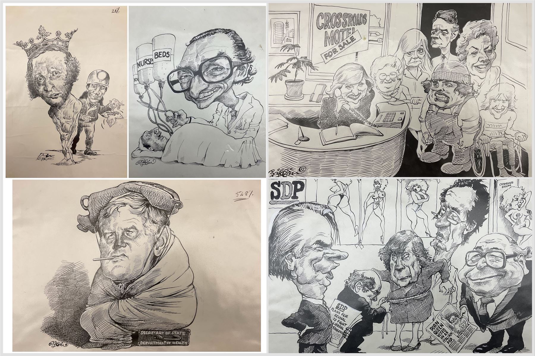 Charles Griffin (British 1946-): Collection of five political and social cartoons c.1985, including caricatures of various politicians, Crossroads characters, SDP plans for liberal takeover etc (5) (unframed)