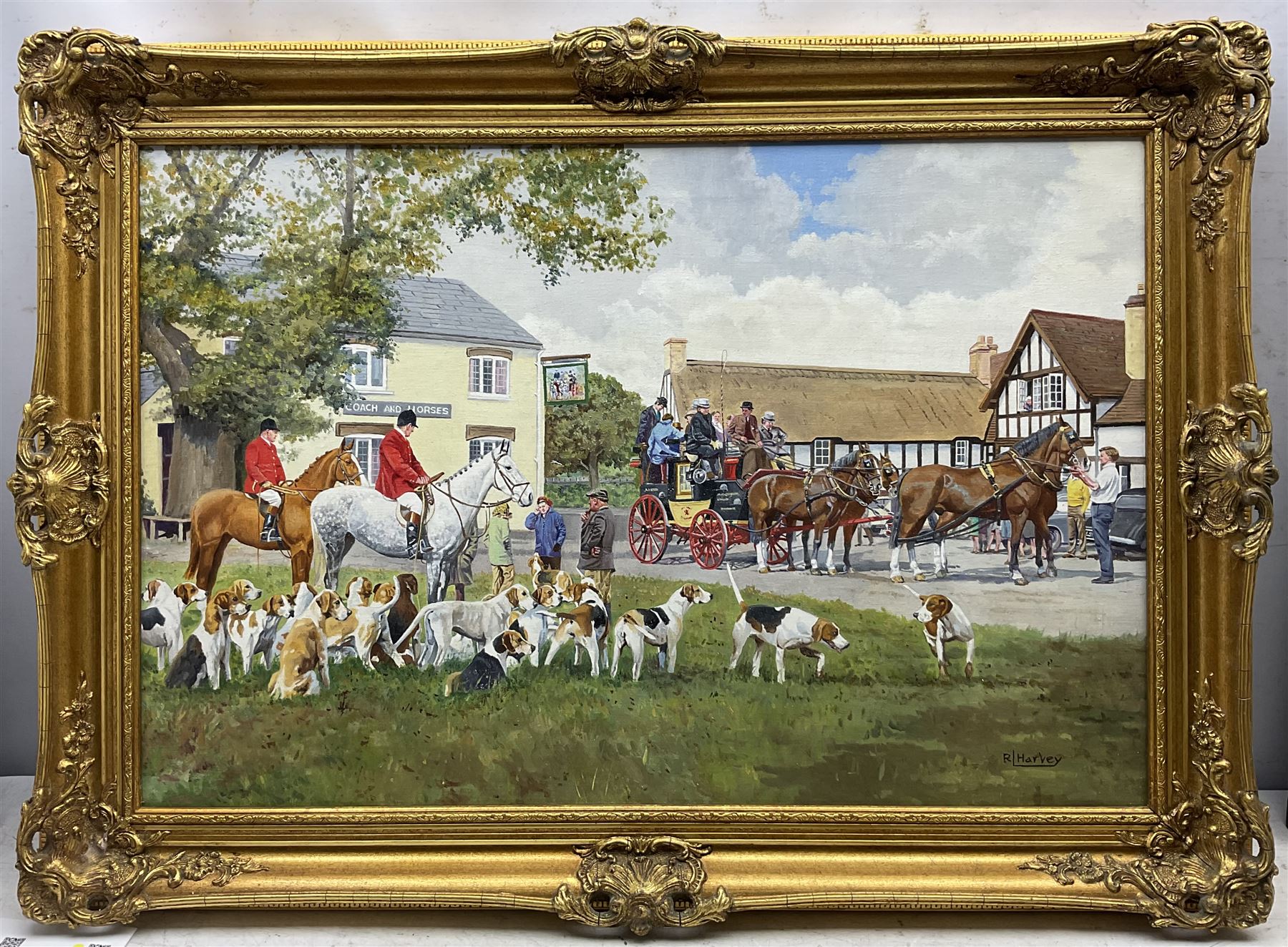 Reginald Llewellyn Harvey (British 1888-1973): 'Arriving at the Meet', oil on canvas signed, titled on label verso 49cm x 74cm 