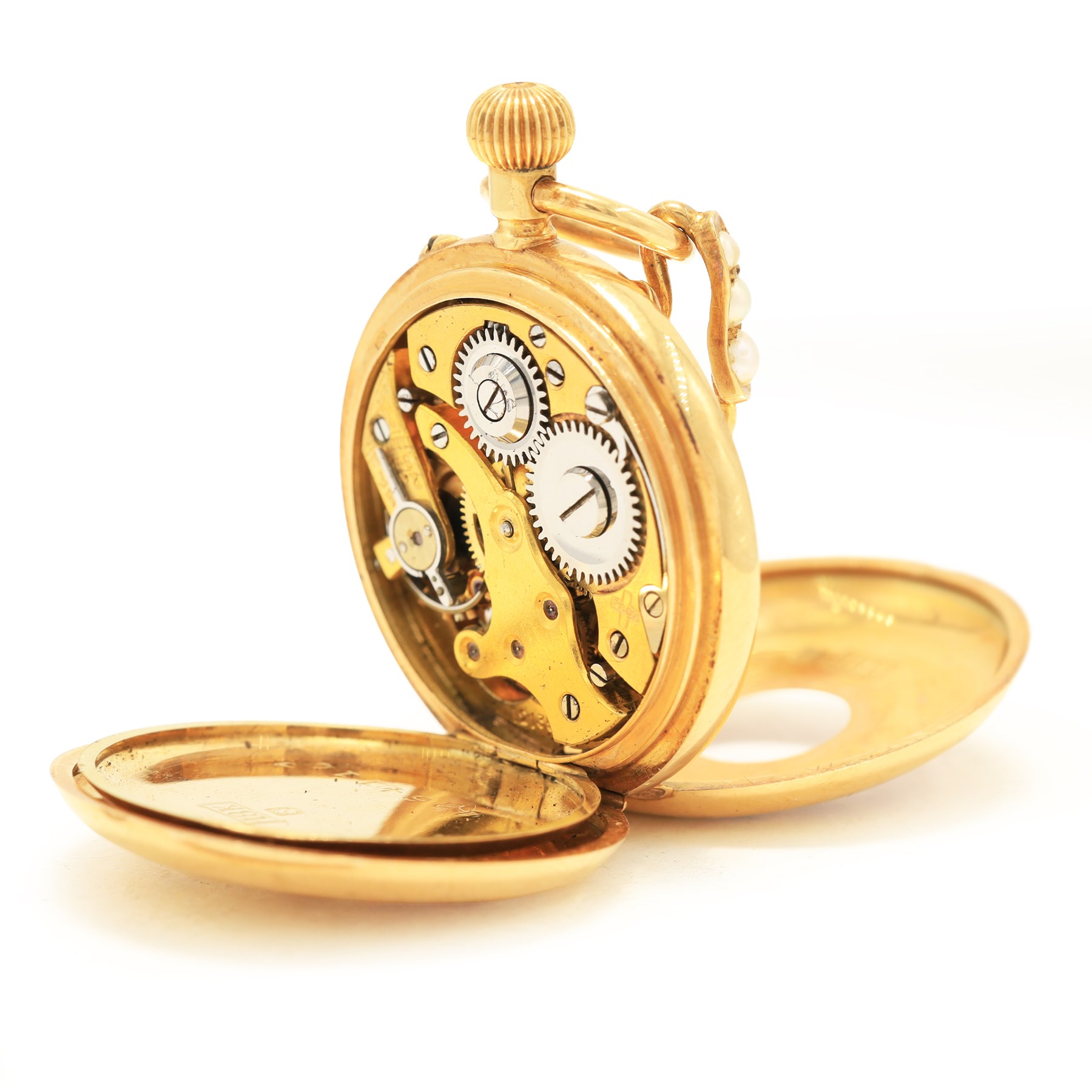 Early 20th century 18ct gold half hunter keyless lever fob watch by Asprey, white enamel dial with Arabic hour markers, the back case engraved with name stamped 18K with Helvetia hallmark, on 15ct gold pearl pendant