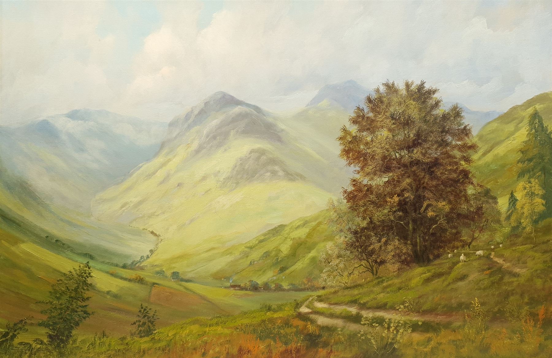 Jack R Mould (British 1925-1998): Mountain Valley, oil on canvas signed 60cm x 90cm