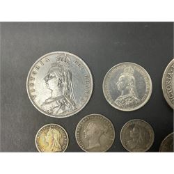 Approximately 180 grams of Great British pre 1920 silver coins, including Queen Victoria 1887 halfcrown, 1887 shilling, various threepence pieces etc