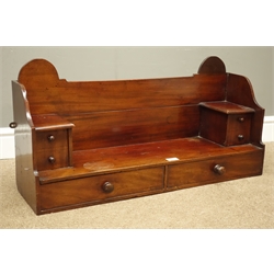  Victorian mahogany wall shelf, with shaped back above two compartments and two drawers with turned wooden handles, W82cm, H40cm, D23cm  