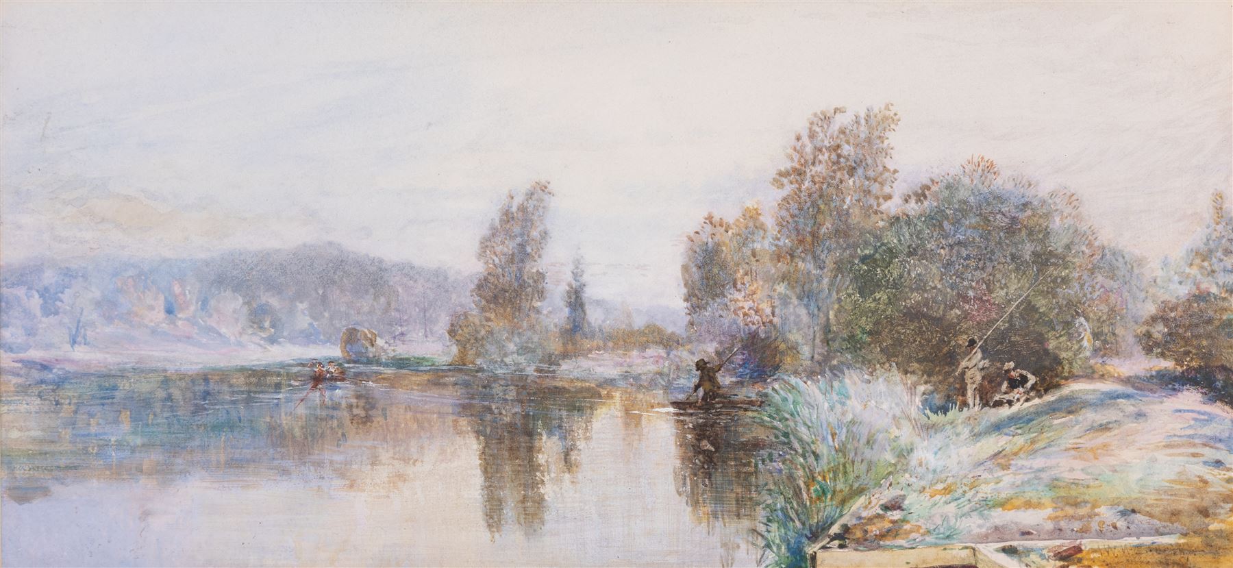 Thomas Walter Wilson (British 1851-1912): Fishermen By the River, watercolour faintly signed 16cm x 34cm;W Smith (British 19th Century): Forest Path, oil on canvas signed and dated '70, 19cm x 39cm (2)