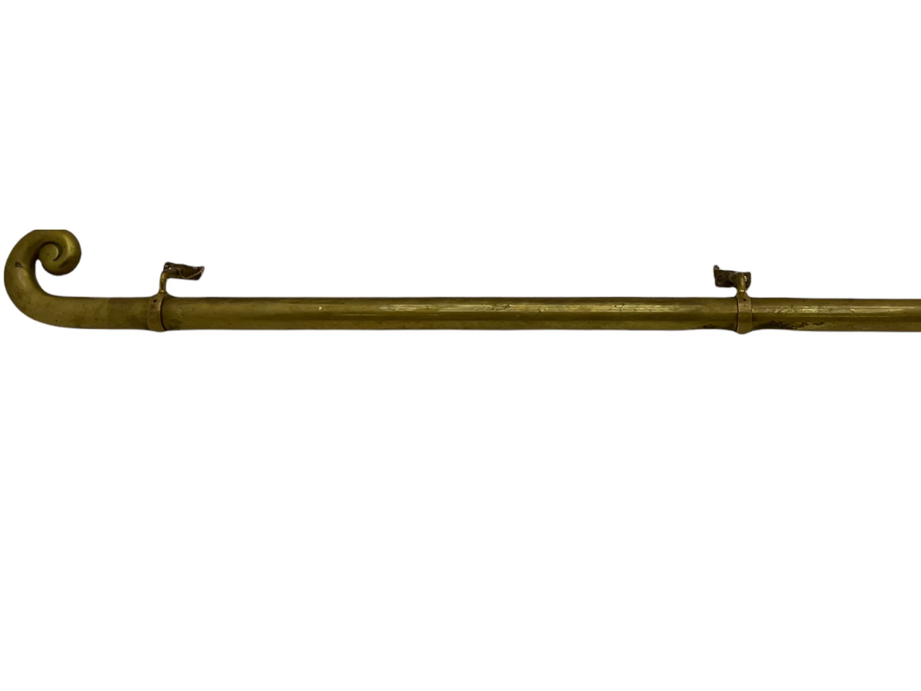20th century brass banister rail, with two scrolled end finals, fitted