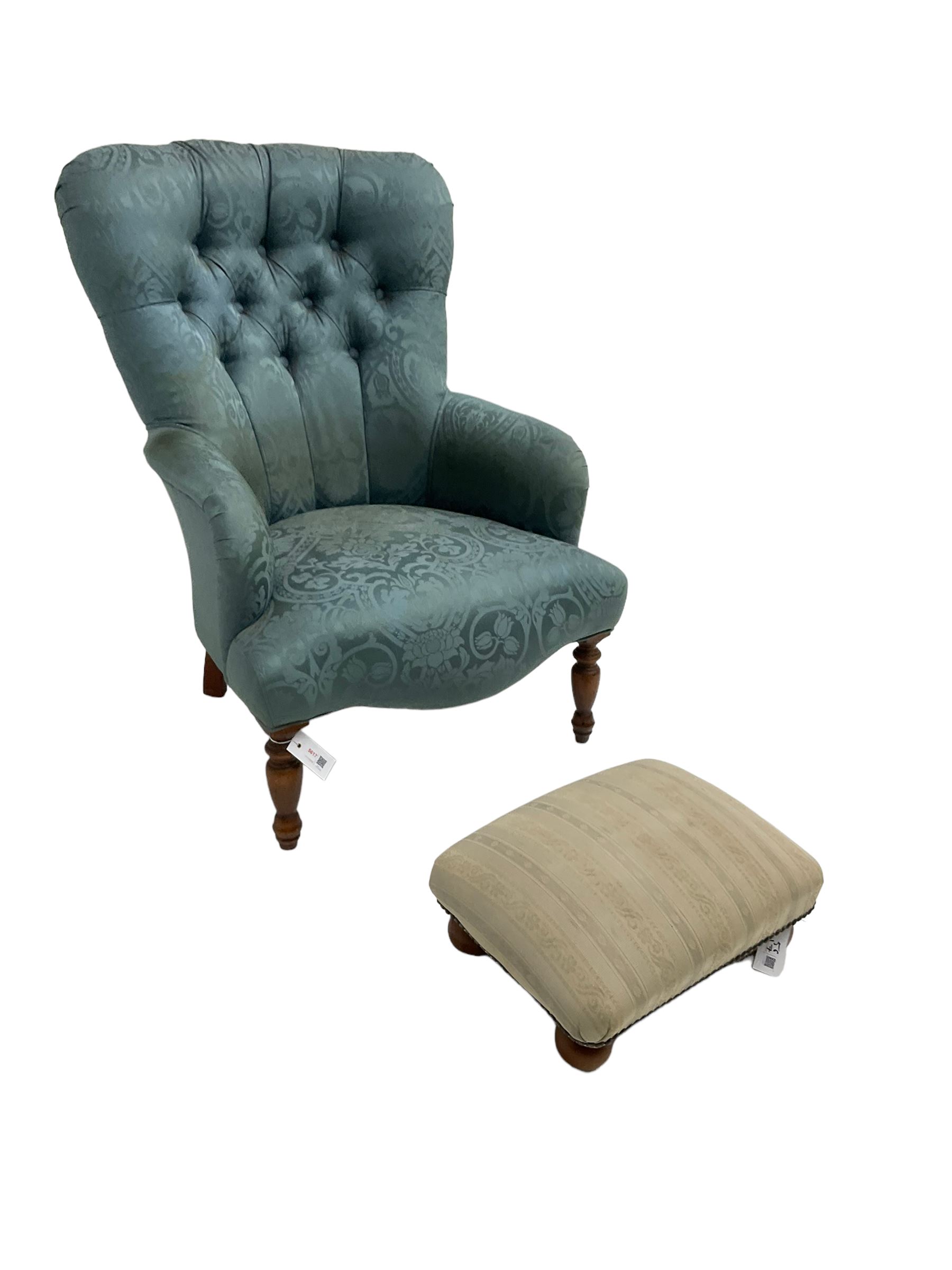 Victorian style bedroom chair in buttoned upholstry and a rectangular upholstered footstool