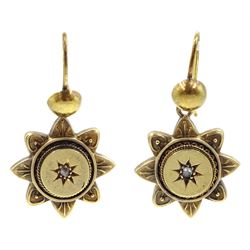 Pair of Victorian gold diamond chip flower pendant earrings