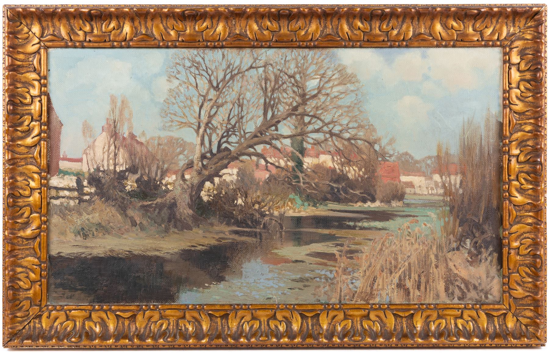 English School (20th Century): Stream near Red Roofed Houses, oil on canvas unsigned, attributed to a William Thornton of Reigate verso, 40cm x 70cm 
