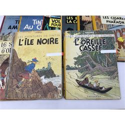 Twenty one first edition Herge, 'The Adventures of Tin Tin' books published by Casterman Bruxelles, with French text and coloured comic strip illustrations throughout; comprising Tintin Au Congo 1946, Tintin En Amerique 1946, Les Cigares du Pharaon 1955, Le Lotus Bleu 1946, L'Oreille Cassee 1943, L'ile Noire 1943, Le Sceptre d O'ttokar 1947, Le Crabe Aux Pinces D'or 1943, L'Etoile Mysterieuse 1942, Le Secret de la Licorne 1943, Le Tresors de Rackan Le Rouge 1945, Les 7 Boules de Cristal 1948, Le Temple du Soleil 1949, Au Pays de L'Or Noir 1950, Objectif Lune 1953, On a Marche sur la Lune 1954, L'Affaire Tournesol 1956, Coke en Stock 1958, Tintin au Tibet 1960, Les Bijous de la Castafiore 1963 and Vol 714 Pour Sydney 1968
