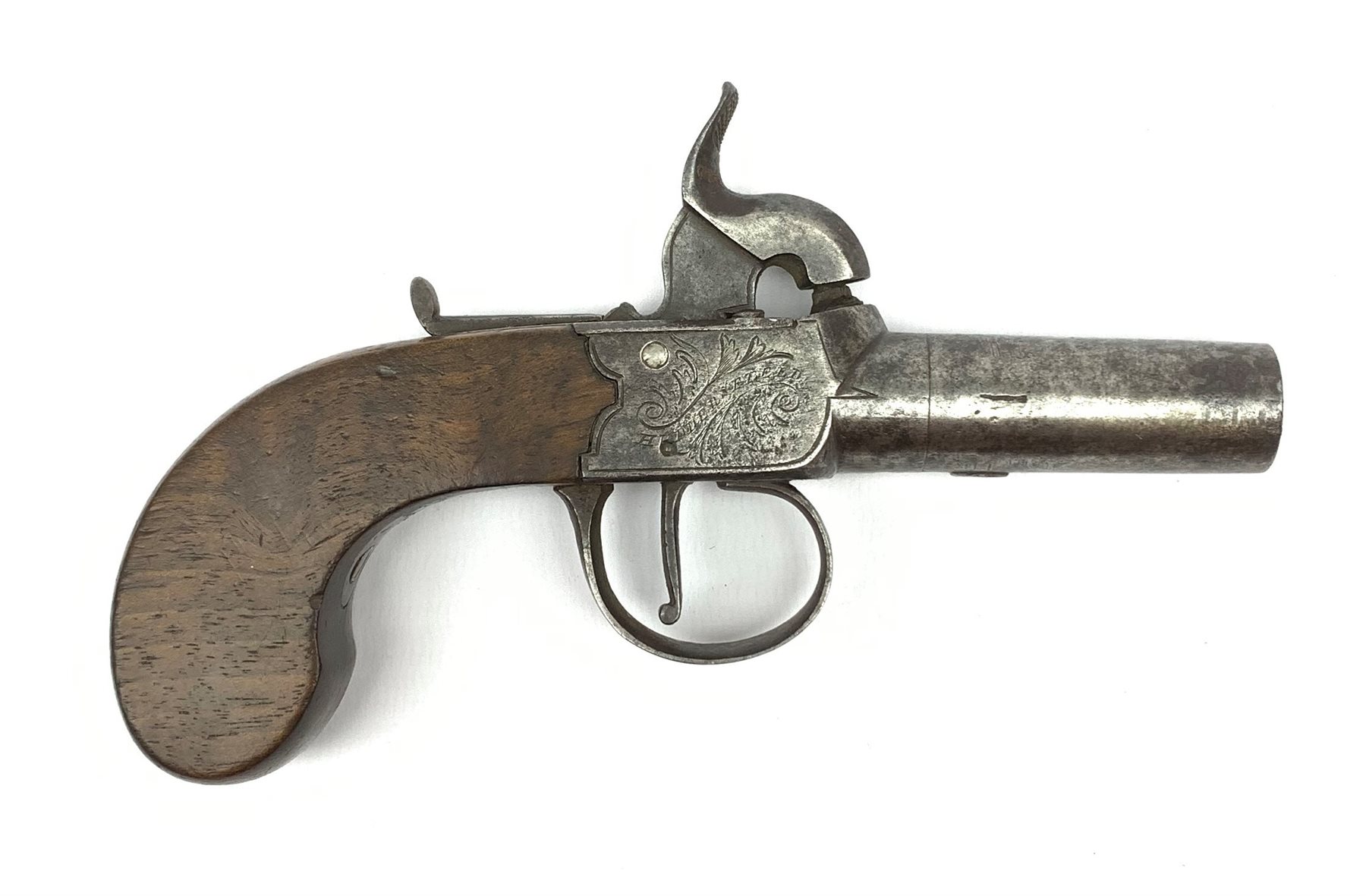 19th century English percussion box lock pocket pistol by Booth Huddersfield with (seized) turn-off barrel, engraved lock, walnut stock and thumb safety L16cm overall
