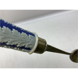 Wedgwood blue Jasperware salad bowl with silver plated collar and matching servers, bowl D22.5cm