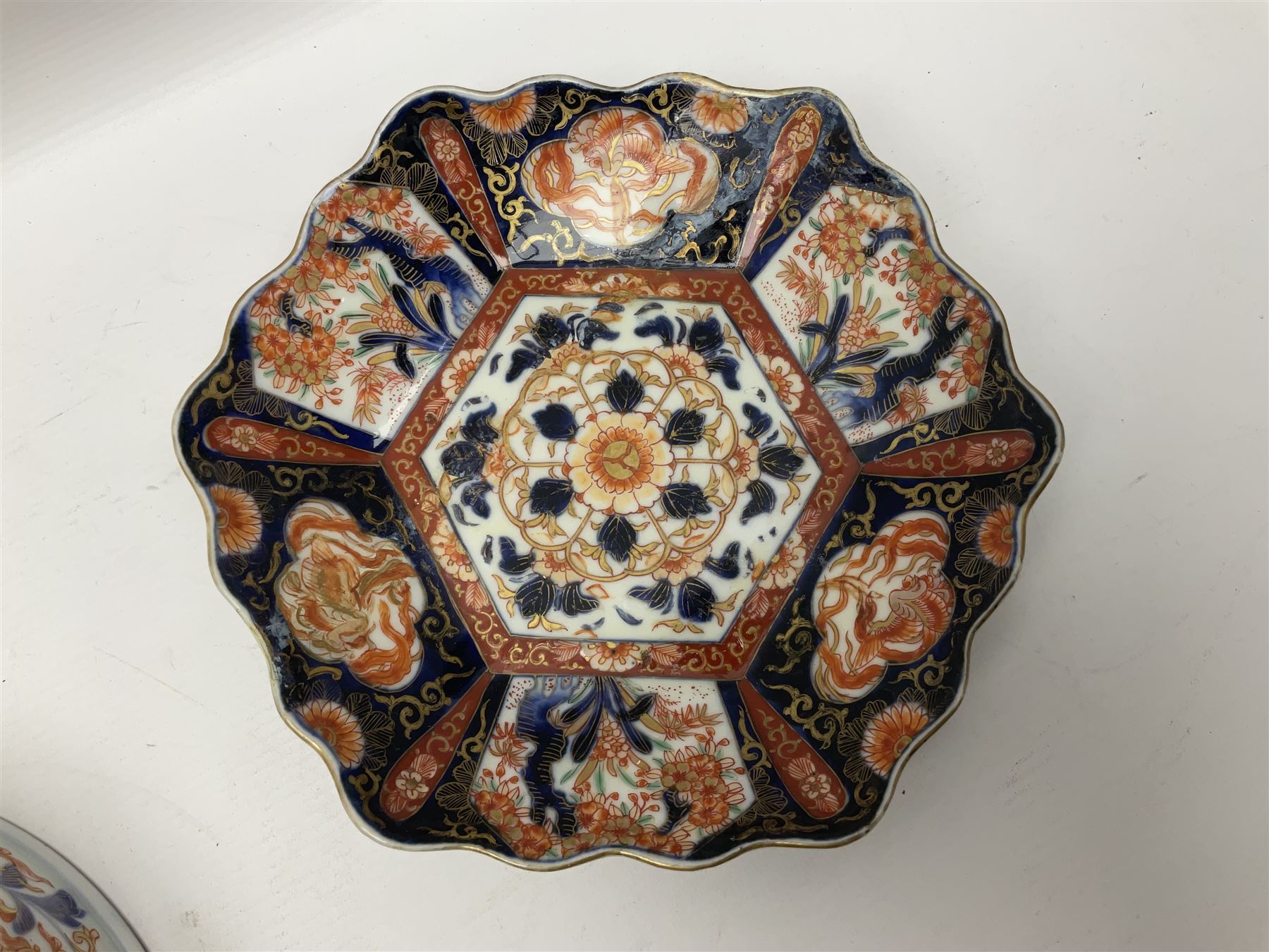 Two Japanese Imari bowls, together with Imari dish with scalloped edge and jug, largest bowl, H12cm