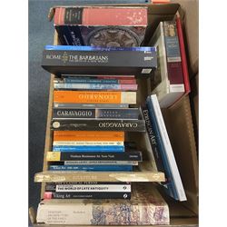 Large quantity of art reference books in english, to include books on Michelangelo, Caravaggio, Leonardo etc, in five boxes 