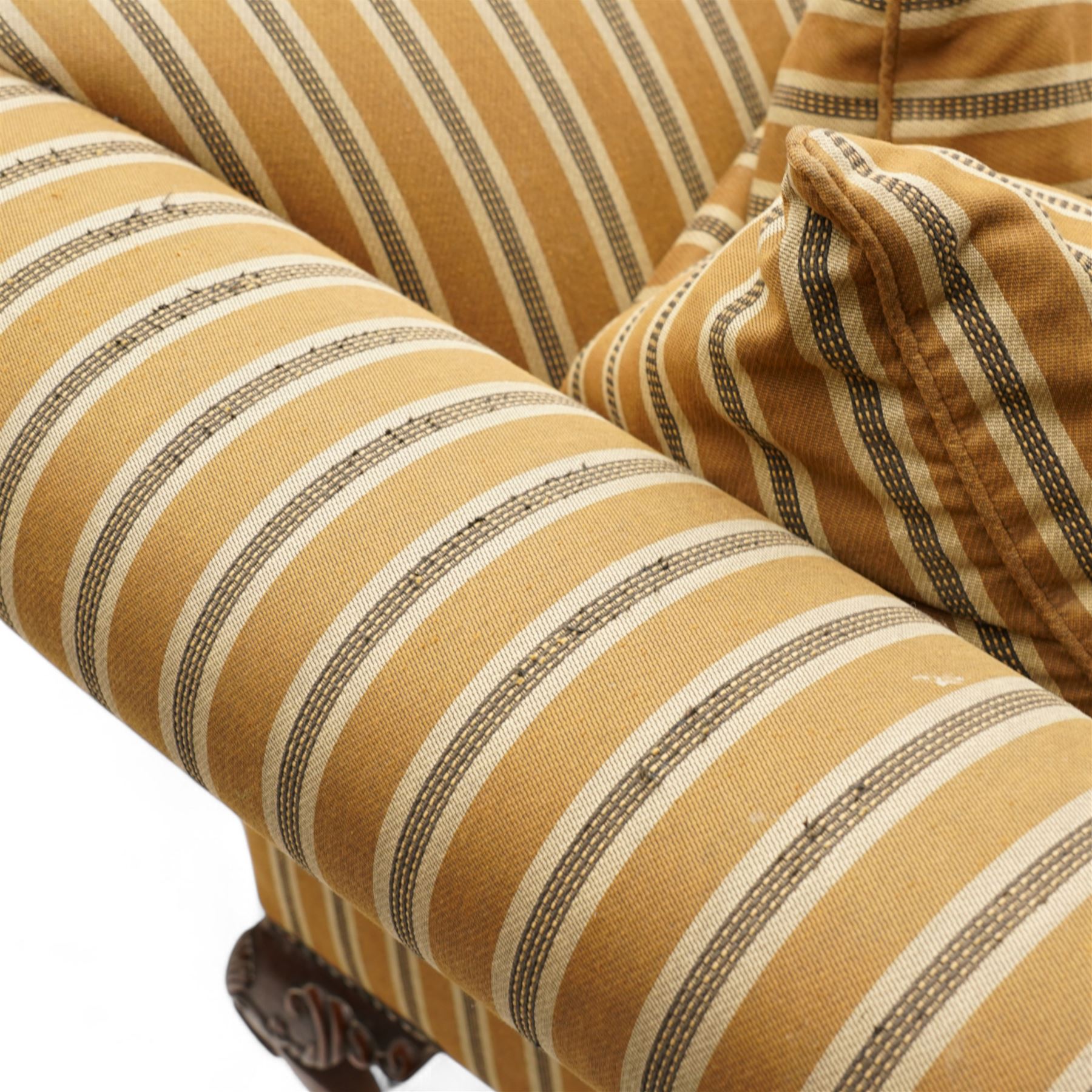 Chippendale design hardwood-framed settee, arched back over rolled arms and serpentine seat, upholstered in striped fabric, on shell and foliate carved cabriole supports with scrolled terminals, together with matching scatter cushions 