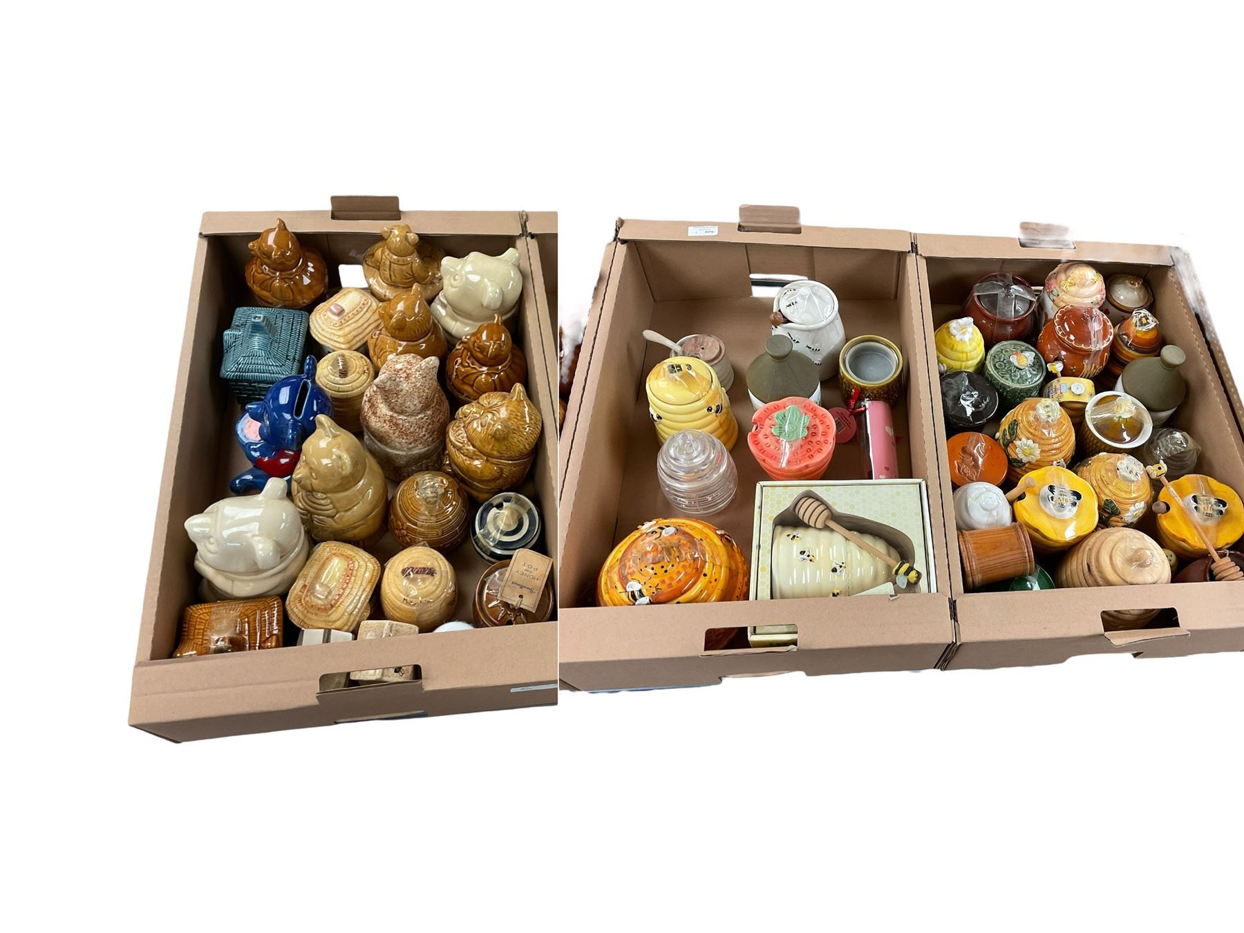 Collection of preserve pots and honey pots including Devonway examples, in three boxes 