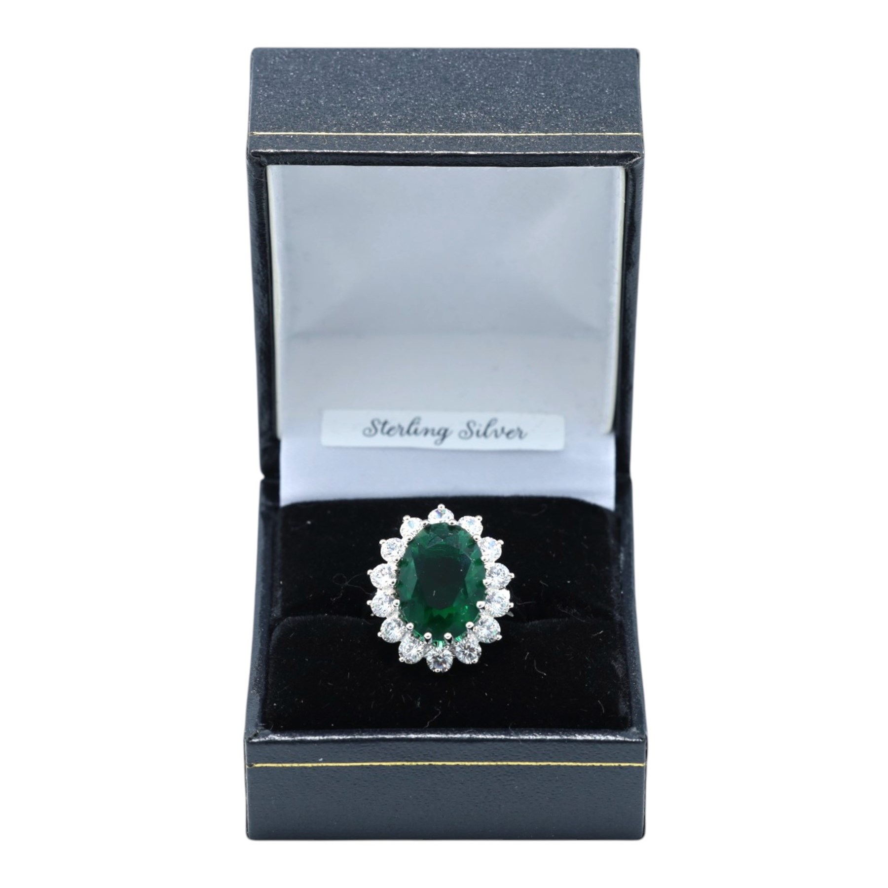 Silver green stone ring, boxed
