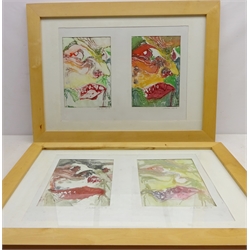 Portraits, four collograph prints, signed and dated June '86 by Jo de Pear (British Contemporary) in two frames each individual print 29.5cm x 20.5cm (2)  