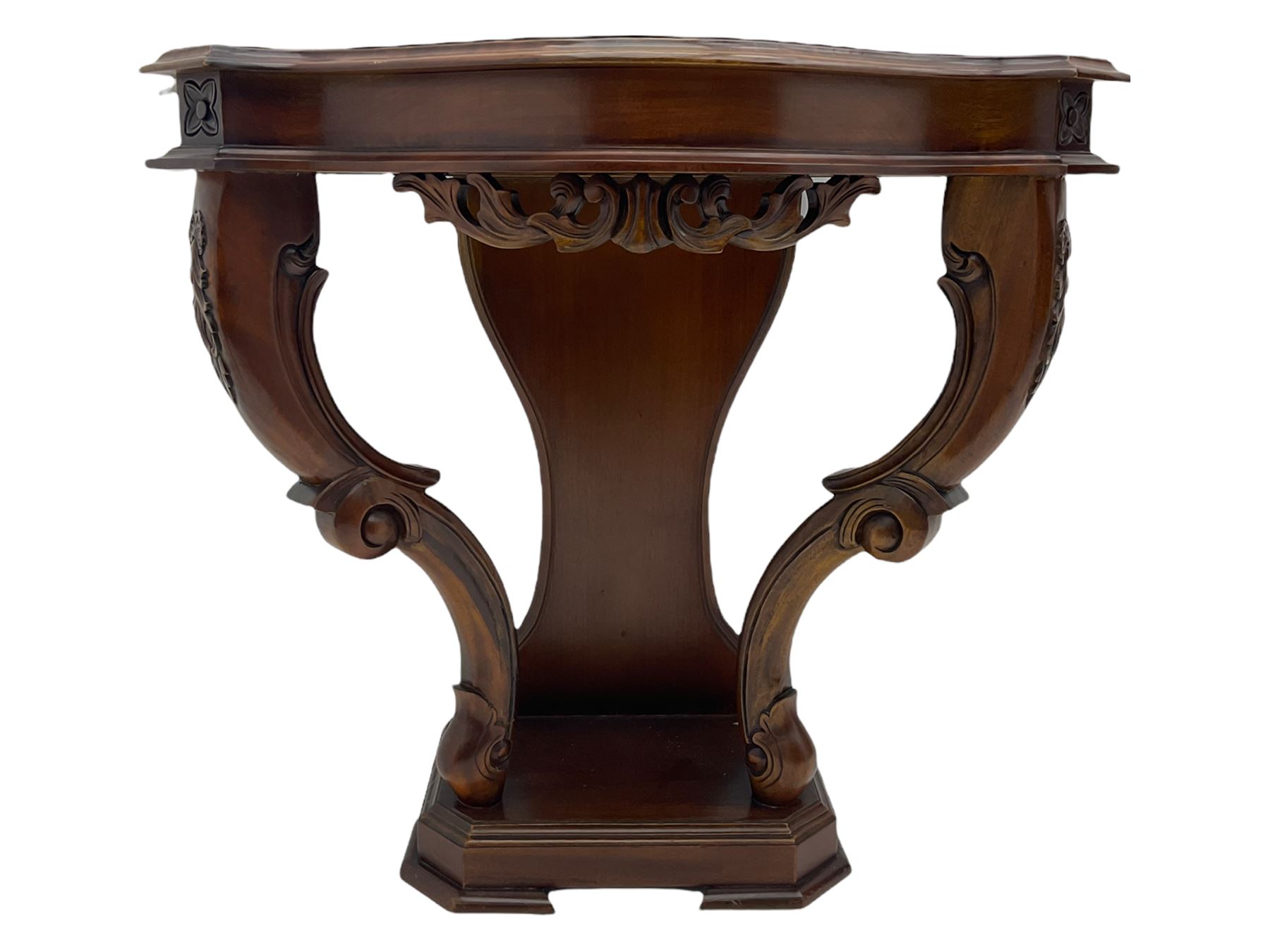 Victorian style mahogany console table, shaped moulded top on scrolled supports, moulded and canted base (W91cm, H76cm, D41cm), and a reproduction mahogany console or side table on reeded supports 