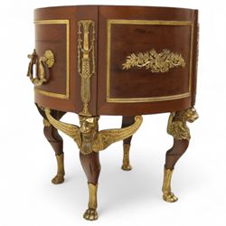 An imposing and richly adorned Empire Revival jardiniere of circular form, decorated with finely cast gilt bronze laurel garlands and floral swags, interior with a modern brass liner, sides with gilt bronze carrying handles, raised on three tripod legs with classical caryatid masks with wings terminating in lion paw feet, circa 1900

Provenance: This jardiniere formed part of the original furnishings of the opulent Empire Room at Kinloch Castle, built by industrialist George Bullough in 1900.

An original inventory number, ‘X954’, is inscribed on one facing, verifying its presence in the Kinloch Castle collection. This jardiniere epitomises the lavish taste of the Edwardian elite and the high standards of craftsmanship employed in the furnishing of Kinloch Castle, the first private home in Scotland to be lit by electricity and famed for its extravagant interiors.



